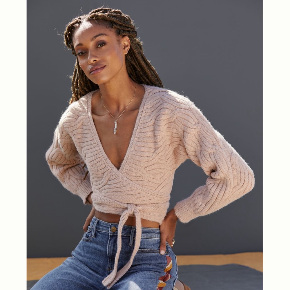 Cable-knit Cropped Wrap Sweater